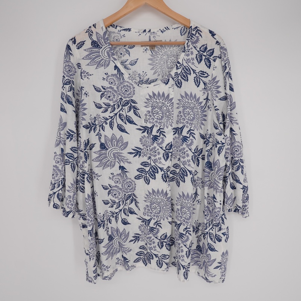 FLAX Designs Tunic Top Womens L Blue White Floral 3/4 Sleeve Lagenlook Coastal